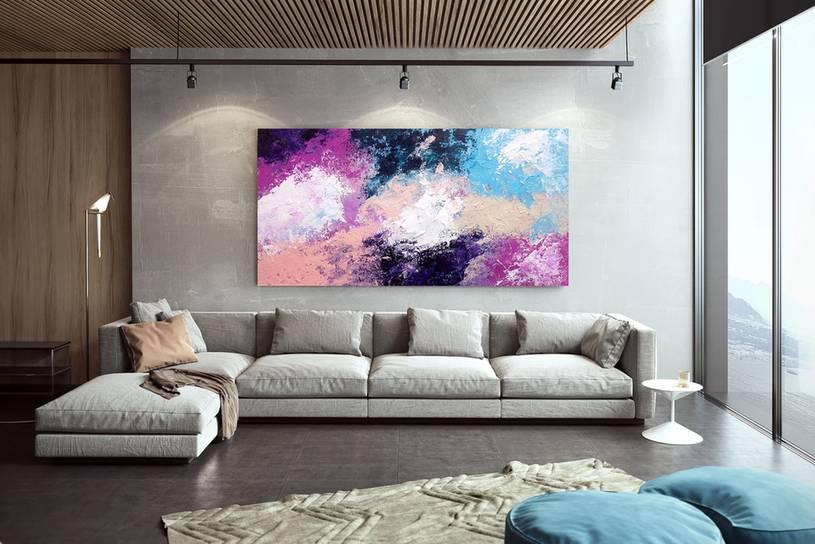 Blue Hand-painted Oversized Pink Abstract Canvas Wall Art 9JTMA